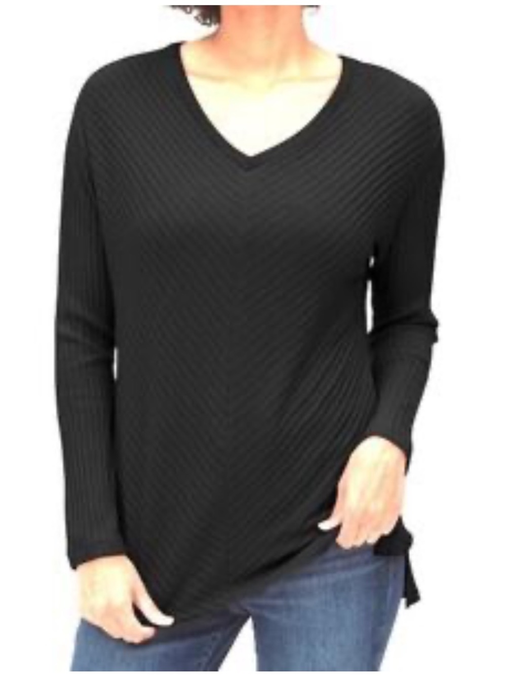 Gap Chevron Ribbed Textured Knit Long Sleeve V-Neck Top Black